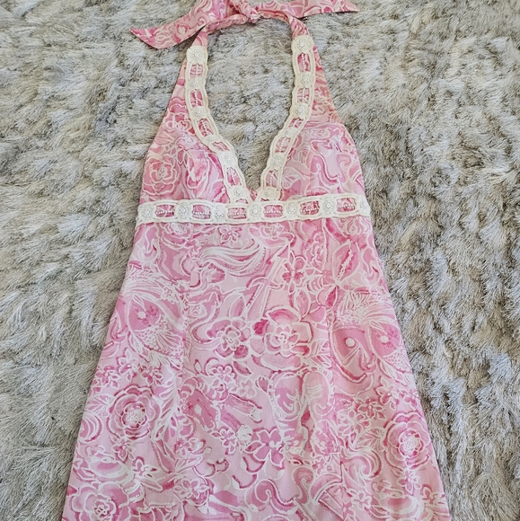 EUC Lilly Pulitzer Cocoa Lace Trim Dress. Pink Halter Dress - Picture 11 of 16